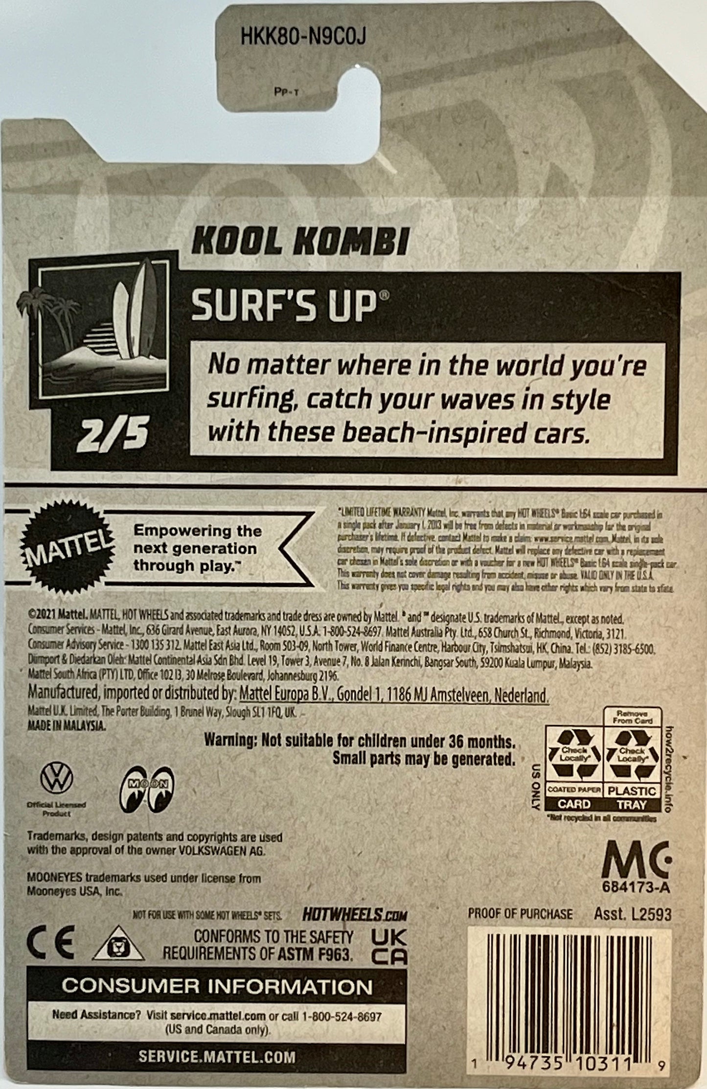 Hot Wheels Kool Kombi, Surf's Up (Gray) Moon Eyes with Protector