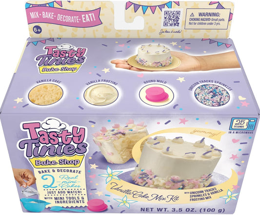 Goliath Tasty Tinies Bake Shop Vanilla Cake Mix Kit with Unicorn Tracks Sprinkles & Vanilla Frosting Mix | Bake & Decorate 2 Real Mini Cakes | Includes Mini Tools & Ingredients | Ages 6+