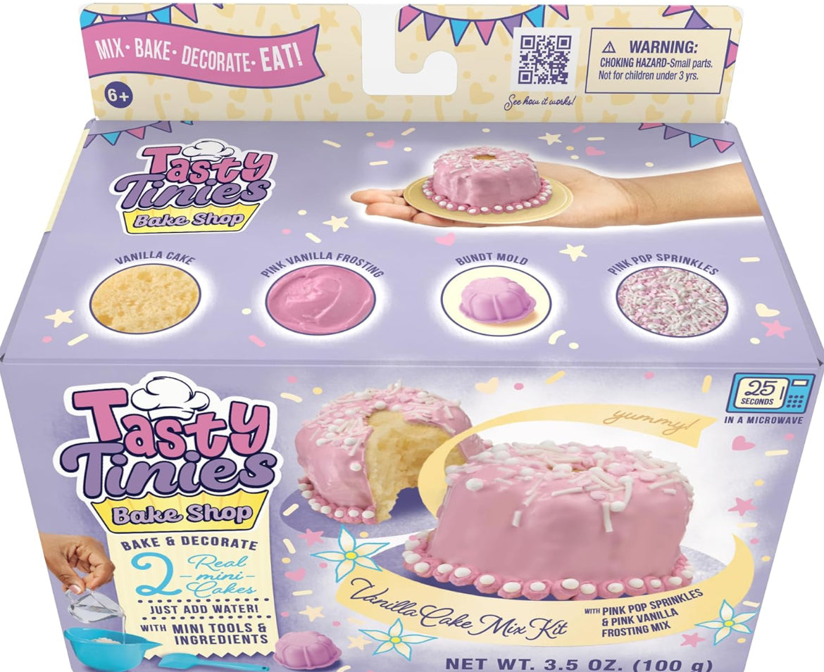 Goliath Tasty Tinies Bake Shop Vanilla Cake Mix Kit with Pink Pop Sprinkles & Pink Vanilla Frosting | Bake & Decorate 2 Real Mini Cakes | Includes Mini Tools & Ingredients | Ages 6+