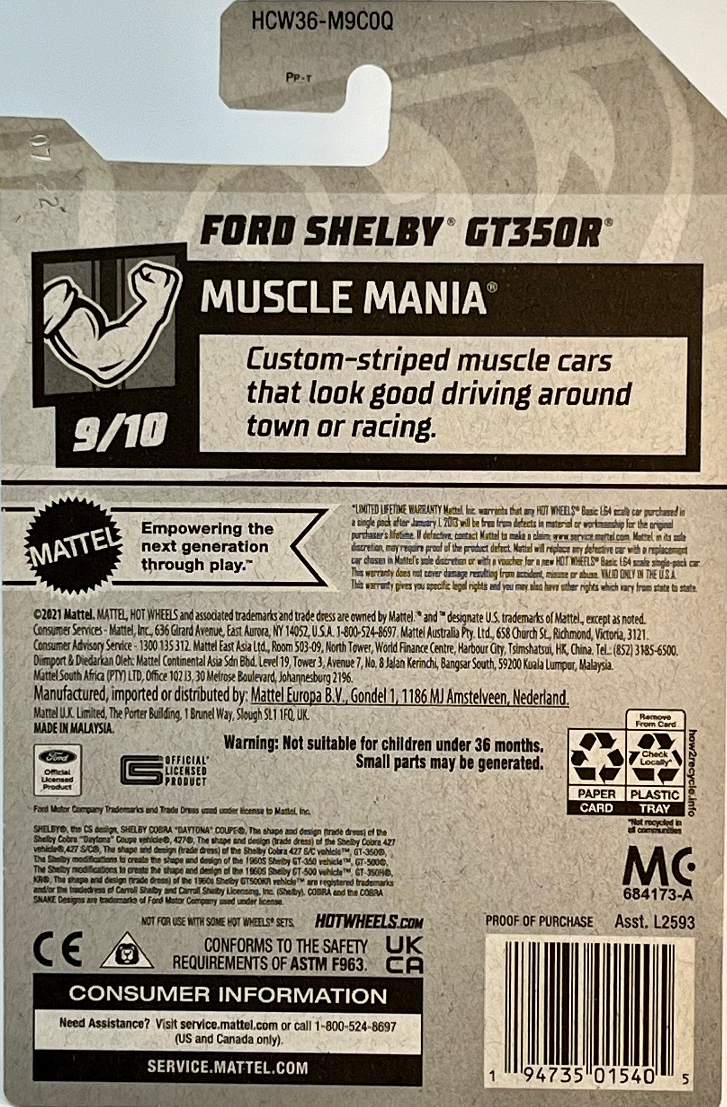 Hot Wheels Ford Shelby GT350R (Blue) Muscle Mania with protector