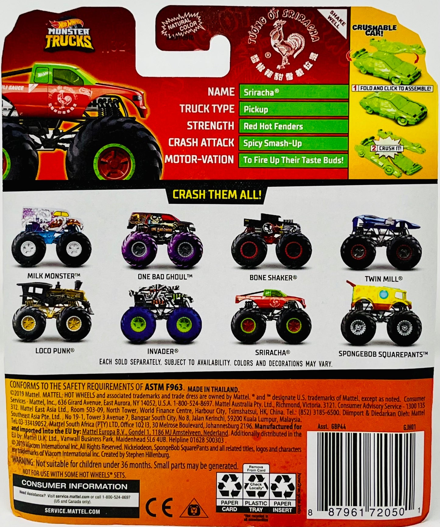 Hot Wheels Monster Truck Sriracha Hot Sauce w/Crash & Connect Car