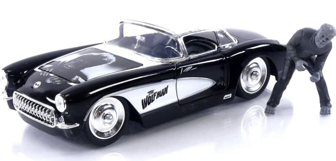 Universal Monsters 1:24 1957 Chevy Corvette Die-cast Car & 2.75" Wolfman Figure, Toys for Kids and Adults