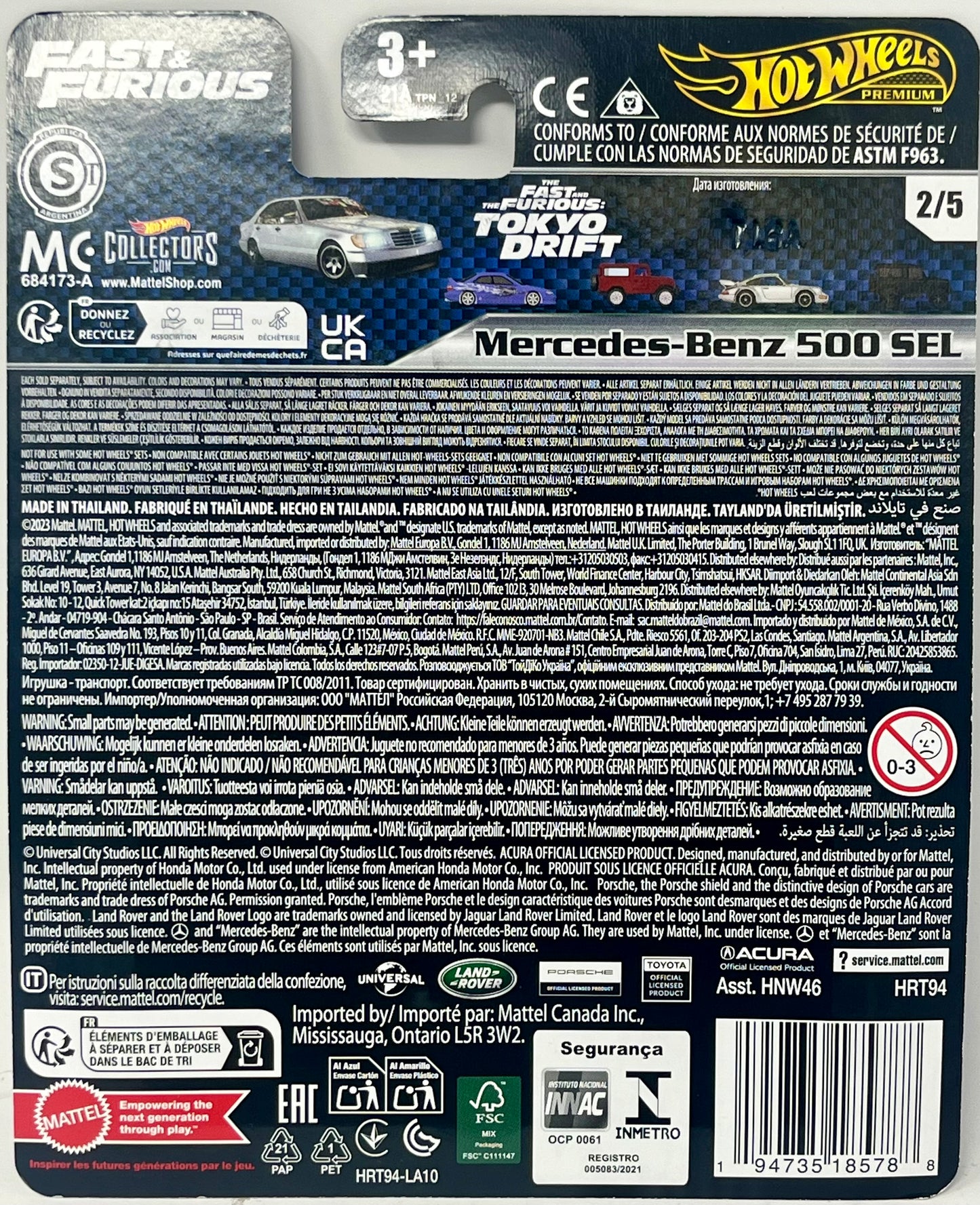 Hot Wheels Cars, Premium Mercedes-Benz 500 SEL Fast & Furious 1:64 Scale Die-Cast Car for Collectors Inspired by Fast & Furious Movie Franchise