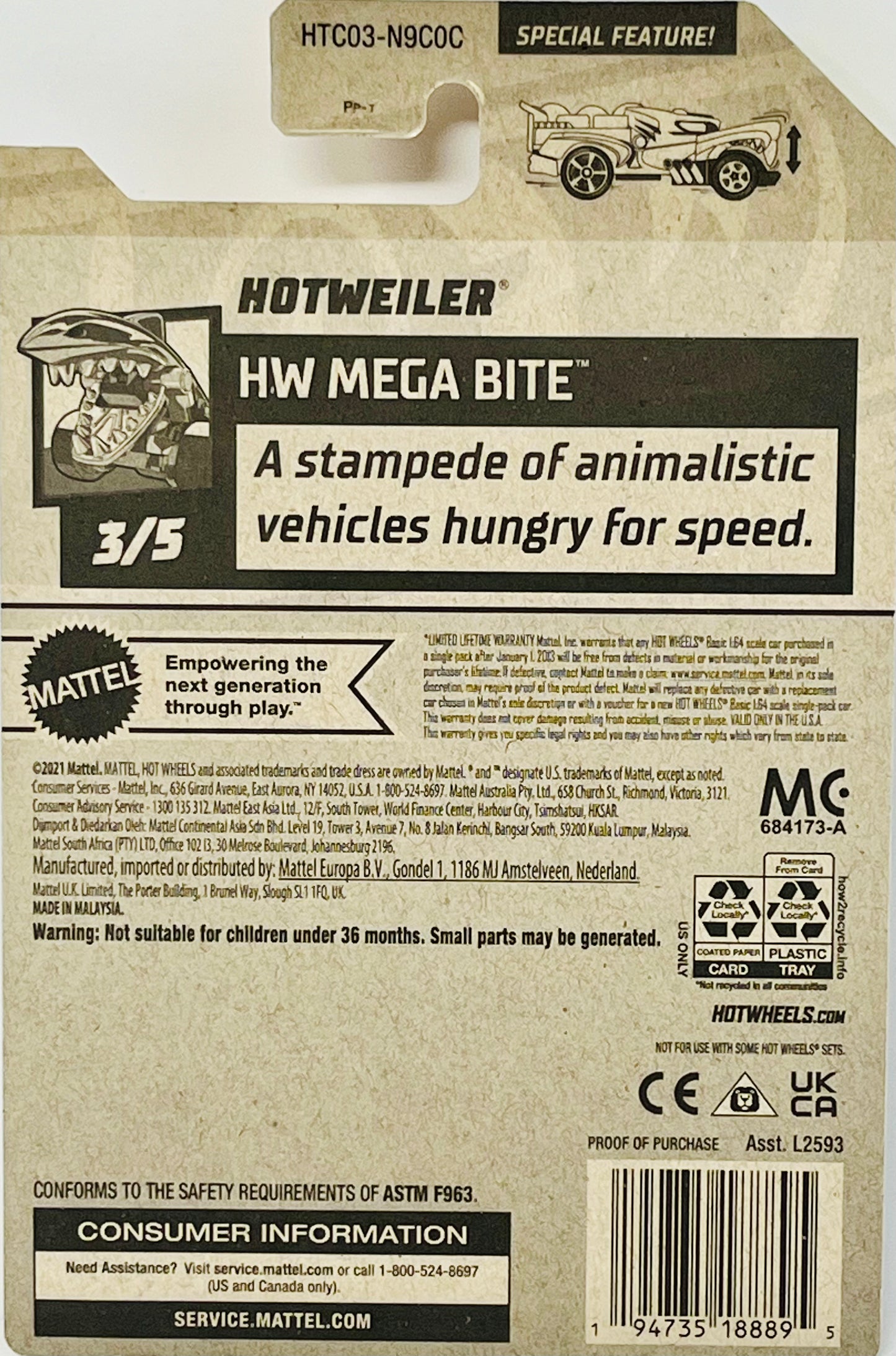 Hot Wheels Hotweiler Light-blue 66/250 HW Mega Bite 3/5 Special Feature Netflix Let’s Race