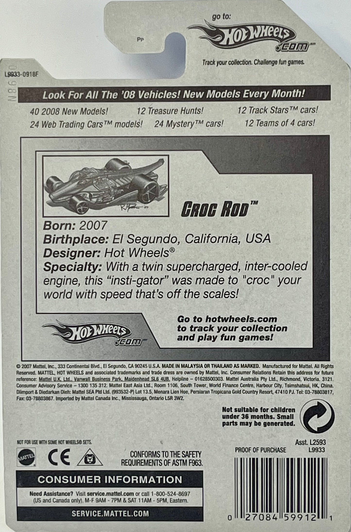 Hot Wheels CROC ROD Faster Than Ever {FTE} wheels, Crocodile Hot Rod Collector Green #18 1/64 2008