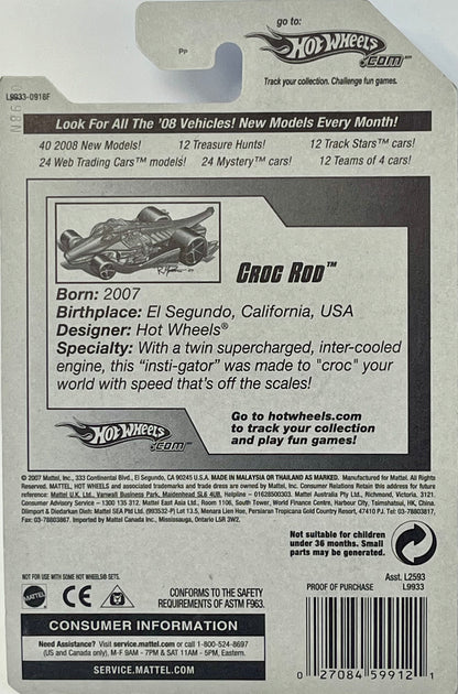 Hot Wheels CROC ROD Faster Than Ever {FTE} wheels, Crocodile Hot Rod Collector Green #18 1/64 2008