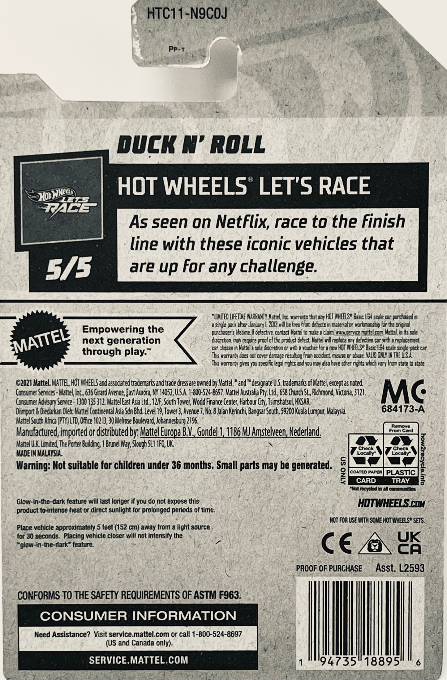 Hot Wheels Duck N' Roll 167/250 Glow in The Dark Race Car HOT WHEELS LET’s RACE 5/5