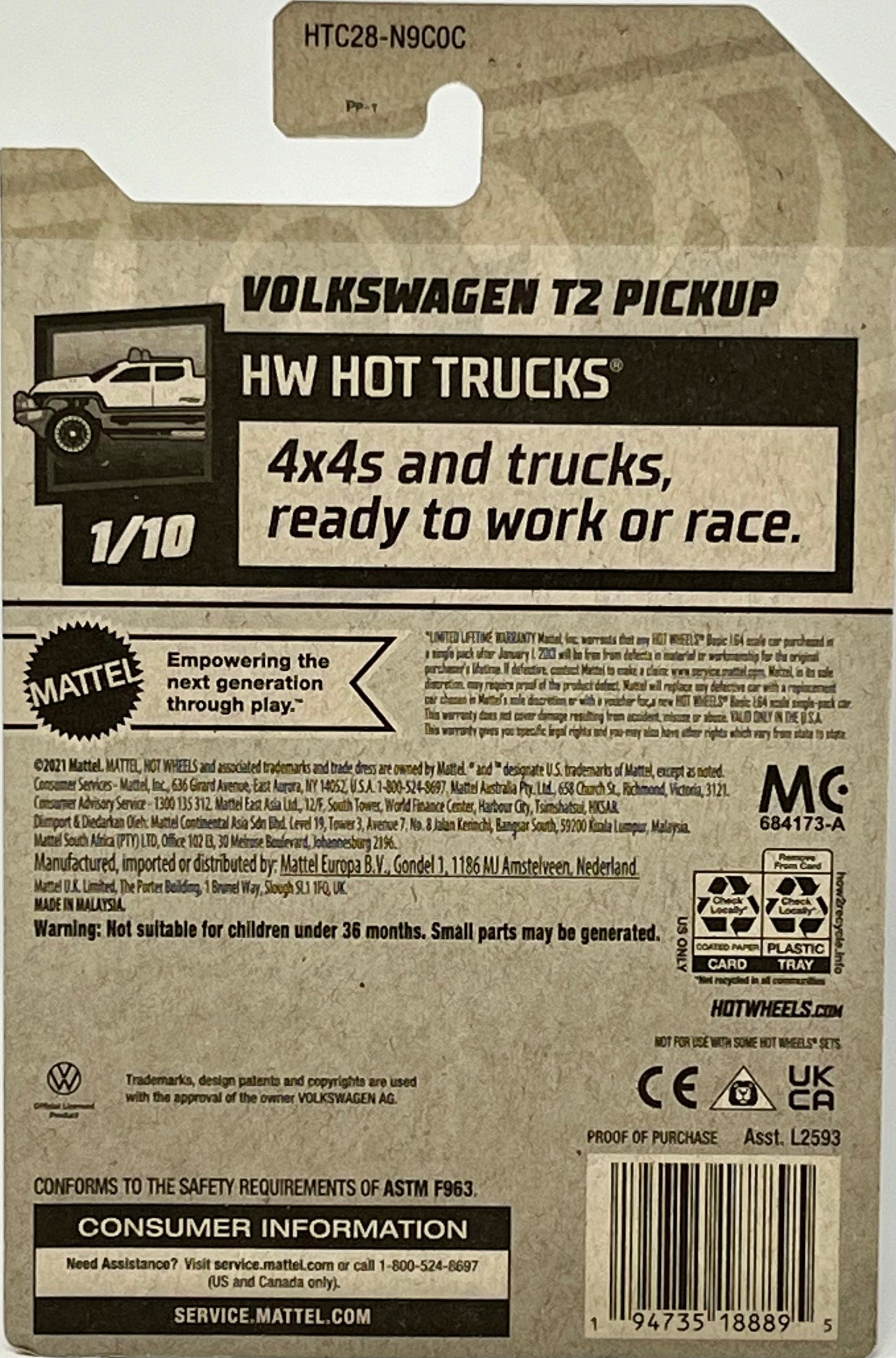 2024 Hot Wheels Gray Volkswagen T2 Pickup-HW Hot Trucks #1/10 w/ Protector