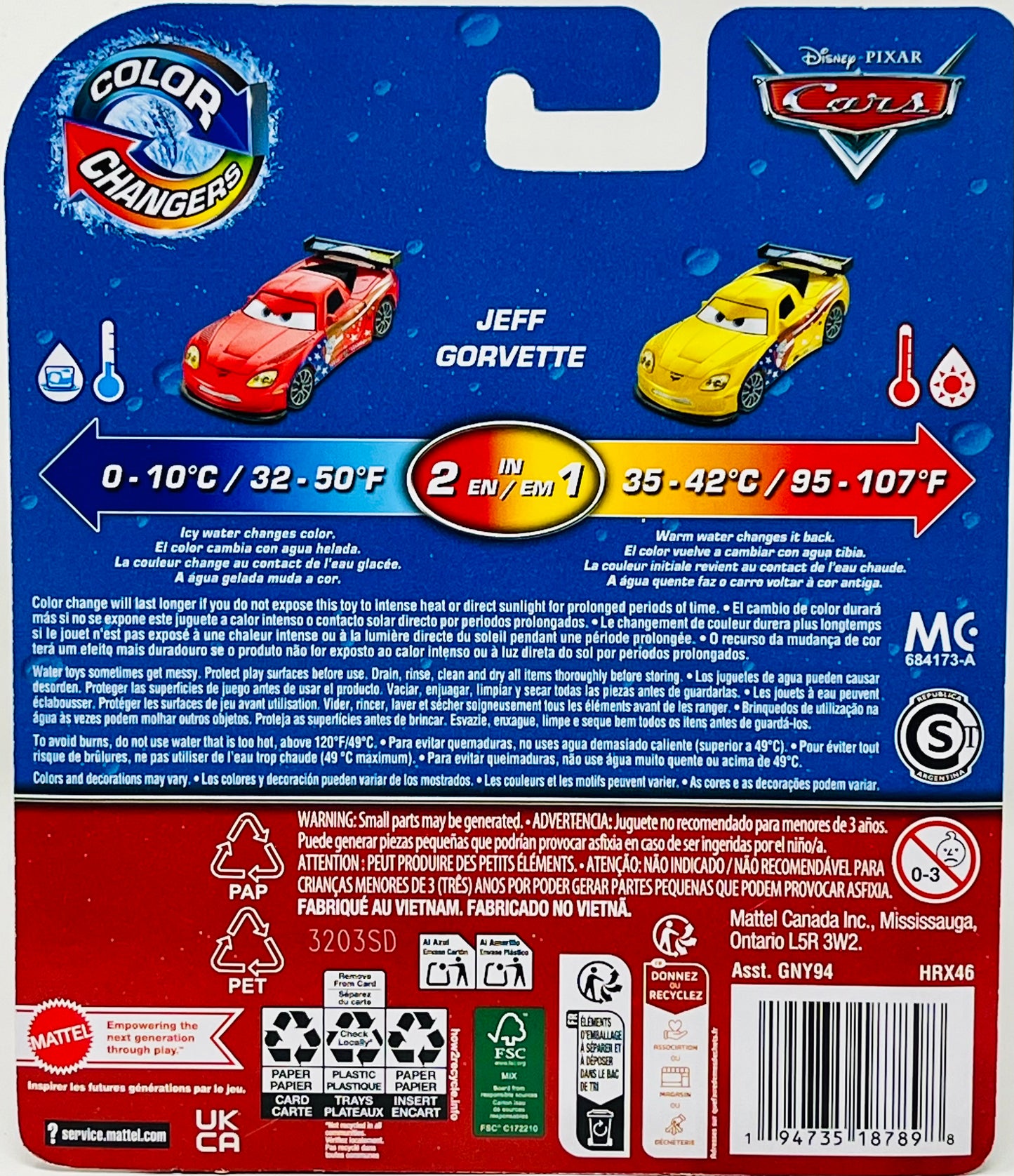 Disney Pixar Cars - Color Changers - Jeff Gorvette - Red/Yellow