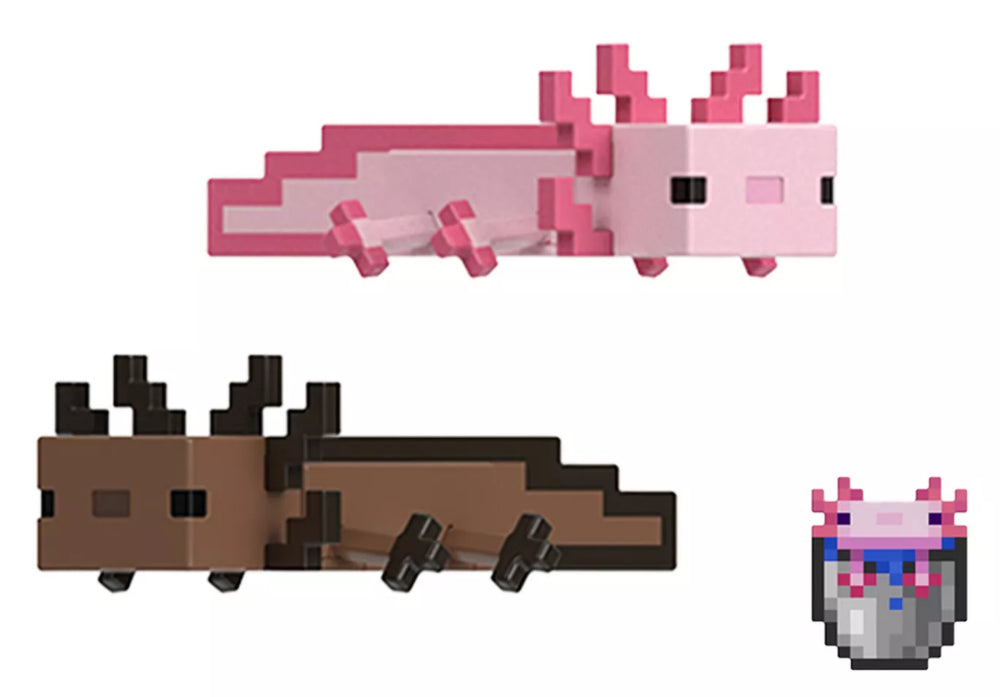 Mattel Minecraft Axolotl Pair Action Figures & Mini Axolotl Pail 3-Piece Set