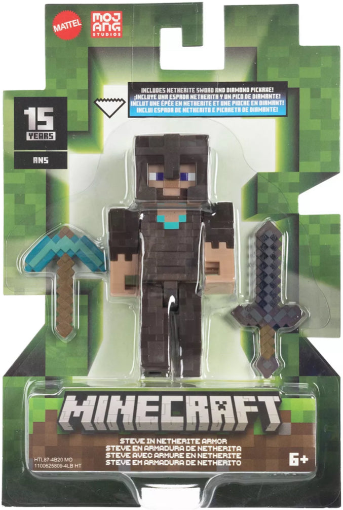 Mattel Minecraft Full Netherite Armor Steve Action Figure & Accessories 4-Piece Set