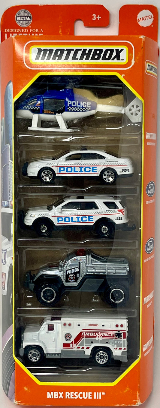 2024 Matchbox Rescue III 5-Pack Helicopter Ford Police Interceptor Ambulance