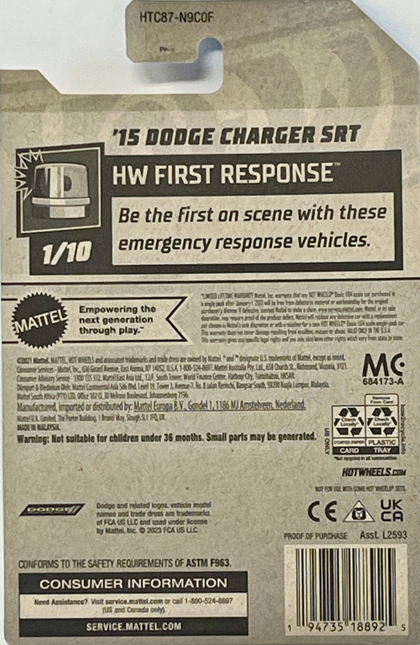 Hot Wheels Green ‘15 Dodge Charger SRT 7/250 HW First Response 1/10