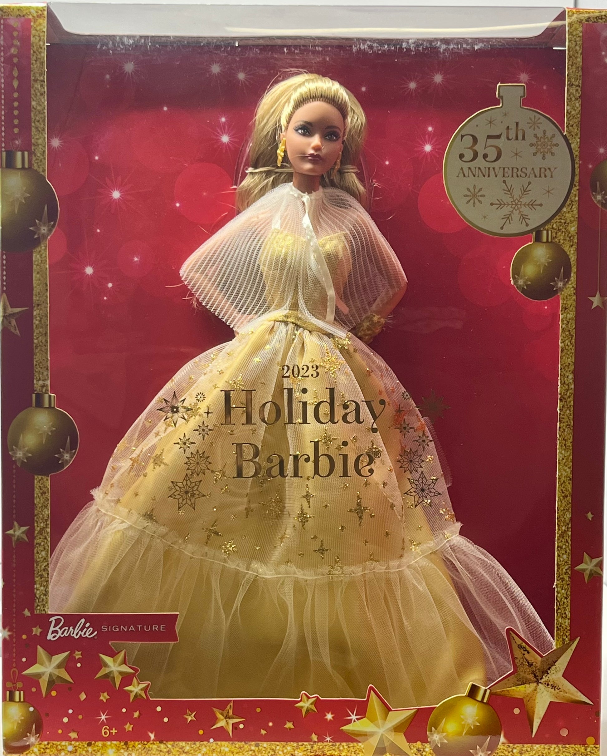 gold barbie dress Handmade Evening Outfit Gown For Silkstone Fashion Royalty FR Her gown features a glittering golden bodice with ruffled sleeves and a tulle skirt with a shimmering snowflake 2000s Y2K Holiday Barbie Doll