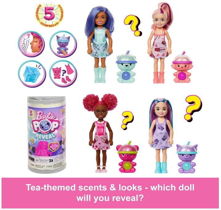 Barbie Chelsea Pop Reveal Bubble Tea Series Doll with Tea Can-Inspired Package & 5 Surprises Including Scented Small Doll & Pop-It Pet (Styles May Vary)