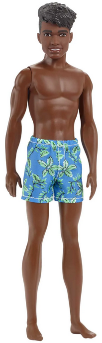 Barbie Ken Beach Doll with Black Hair Dressed in Blue Tropical Swim Trunks