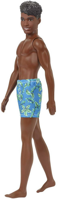 Barbie Ken Beach Doll with Black Hair Dressed in Blue Tropical Swim Trunks