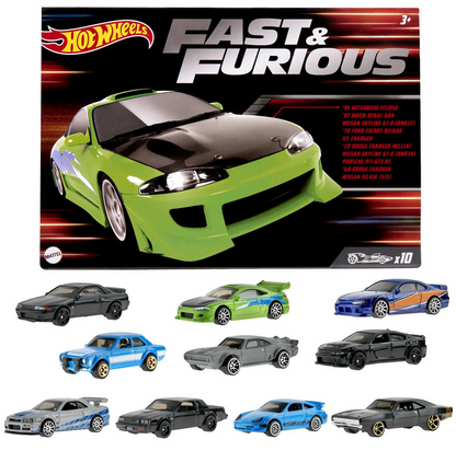 Hot Wheels Fast & Furious Set of 10 Vehicles in 1:64 Scale with 2 Exclusive Cars