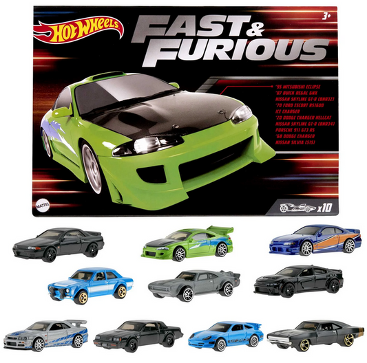 Hot Wheels Fast & Furious Set of 10 Vehicles in 1:64 Scale with 2 Exclusive Cars