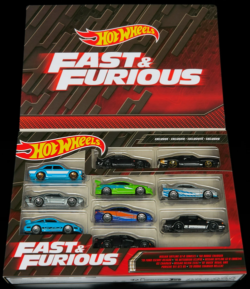 Hot Wheels Fast & Furious Set of 10 Vehicles in 1:64 Scale with 2 Exclusive Cars