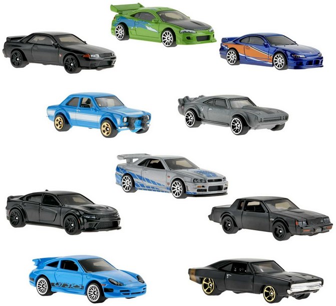 Hot Wheels Fast & Furious Set of 10 Vehicles in 1:64 Scale with 2 Exclusive Cars