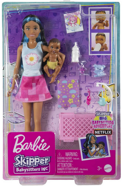 Barbie Skipper Babysitters Inc Bedtime Set, Brunette Doll, Sleepy Baby Doll, Crib & Accessories