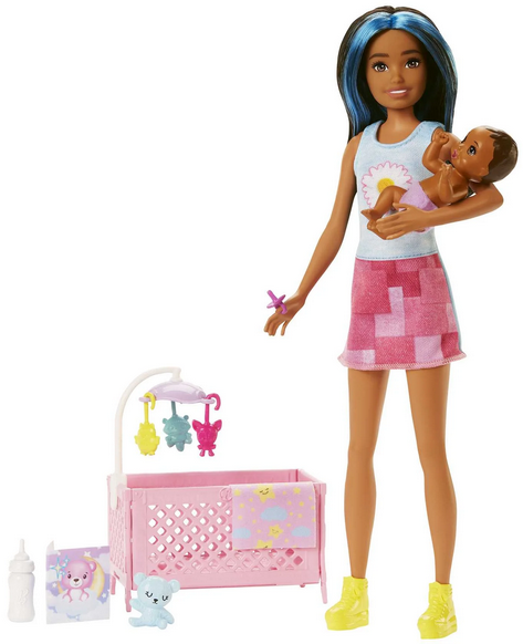 Barbie Skipper Babysitters Inc Bedtime Set, Brunette Doll, Sleepy Baby Doll, Crib & Accessories