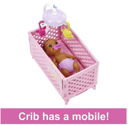 Barbie Skipper Babysitters Inc Bedtime Set, Brunette Doll, Sleepy Baby Doll, Crib & Accessories