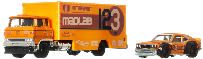 Hot Wheels Team Transport Toy Truck & Race Car, Mazda RX3 & Sakura Sprinter