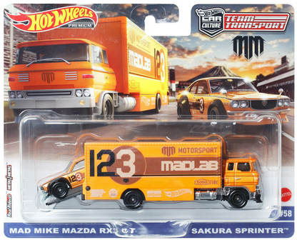 Hot Wheels Team Transport Toy Truck & Race Car, Mazda RX3 & Sakura Sprinter