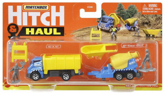 Matchbox Hitch & Haul Metal Vehicle - CONSTRUCTION ZONE (Tilt 'N' Tip & YELLOW Cement Mixer)