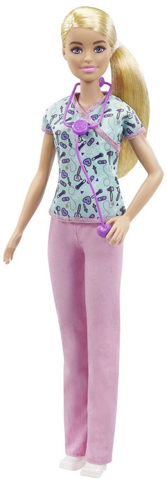 Barbie Nurse Fashion Doll Dressed in Medical Scrubs, White Shoes & Stethoscope Accessory