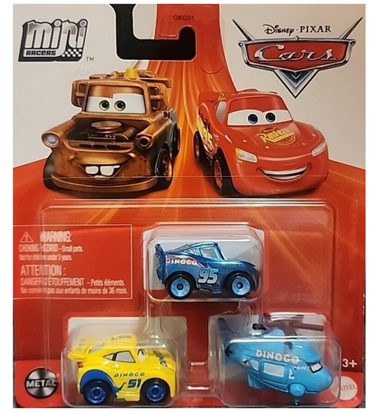 Disney Cars Mini Racers 3 Pack Sponsored by Dino Rotor Turbosky, Dinoco Cruz Ramirez, Dinoco Lightning McQueen