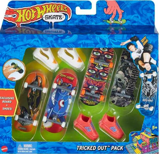 Hot Wheels Skate Tony Hawk Set of 4 Fingerboards & 2 Pairs of Removable Skate Shoes, Tricked Out Pack of Fully Assembled Boards, 1 Exclusive Set