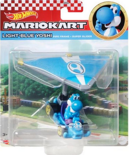 Hot Wheels Mario Kart 1:64 Scale Die-cast Light-Blue Yoshi in Pipe Frame Kart with Super Glider