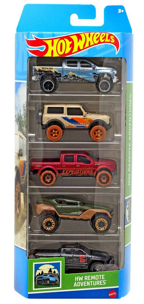 Hot Wheels HW Remote Adventures Off-Duty, '15 Ford F-150, '21 Ford Bronco, Hyper Rocker, '19 Chevy Silverado Trail Boss LT Die Cast Car 5-Pack