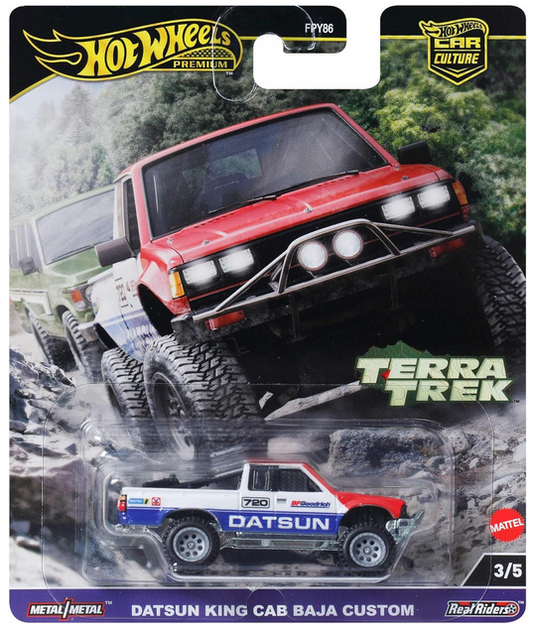 Hot Wheels Premium Car Culture Collectible Toy Car, 1:64 Scale Die-Cast Datsun King Cab Baja Custom, Terra Trek Vehicle with Real Riders Tires