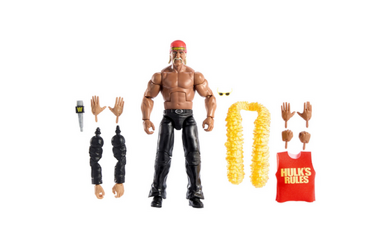 Mattel WWE Elite Collection Action Figure & Accessories, Premium Live Event Hulk Hogan Set, Wrestlemania with Howard Finkel Build-A-Figure Parts