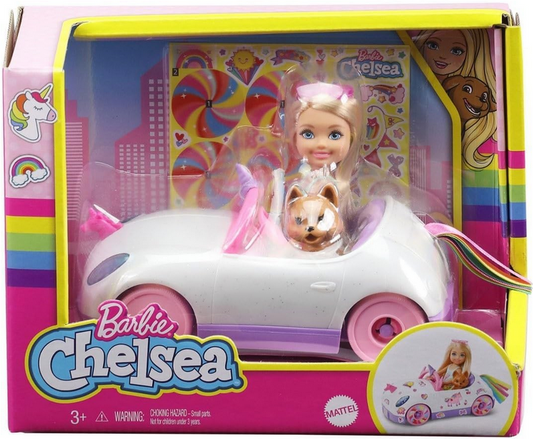 Barbie Chelsea Toy Set with Unicorn Car Theme, Blonde Small Doll in Removable Skirt, Pet Puppy, Sticker Sheet & Accessories