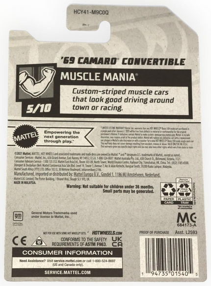 Hot Wheels Zamac '69 Camaro Convertible, Muscle Mania