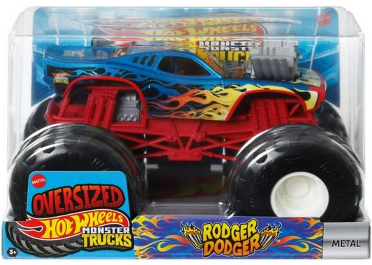 Wheels Monster Trucks Rodger Dodger, 1:24 Scale Die-Cast, Blue Chrome with Orange Flames