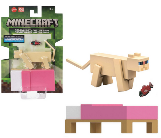 Minecraft Persian Cat with Bed & Raw Salmon Action Figures & Accessories Collection, 3.25-inch Scale & Pixelated Design