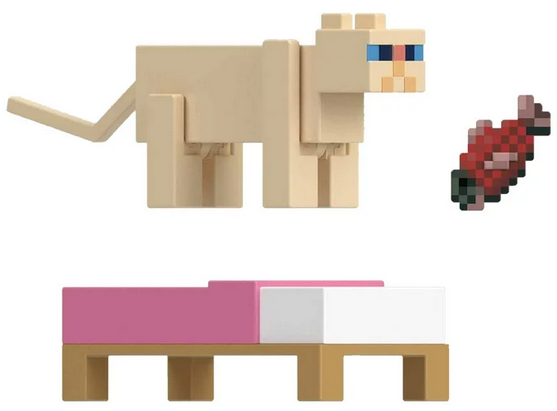 Minecraft Persian Cat with Bed & Raw Salmon Action Figures & Accessories Collection, 3.25-inch Scale & Pixelated Design