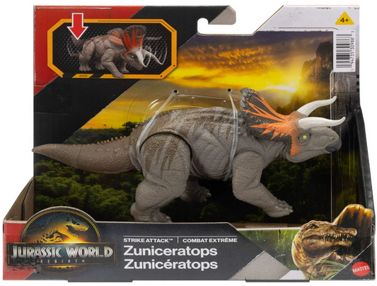 Jurassic World Rebirth Zuniceratops Strike Attack Dinosaur Toy with Single Strike Action, Authentic & Posable