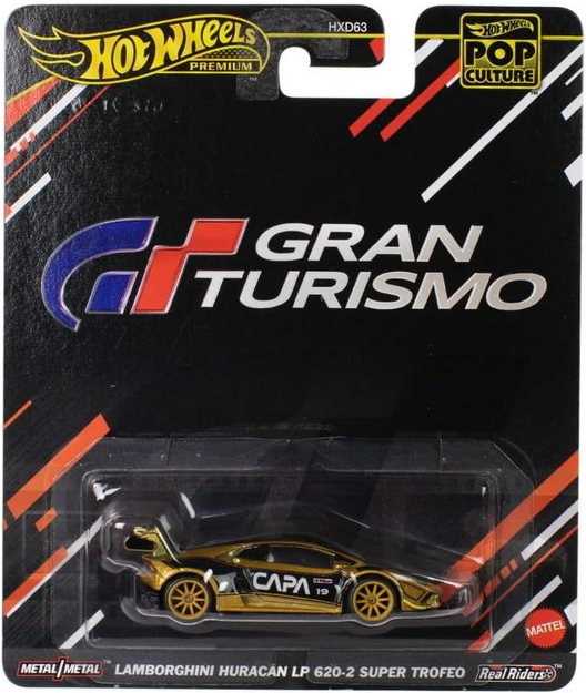 Hot Wheels Premium Pop Culture Gran Turismo Lamborghini Huracán LP 620-2 Super Trofeo 1:64 Scale Die-Cast Car, Metal Body & Real Riders Tires, Collector Vehicle JBL75