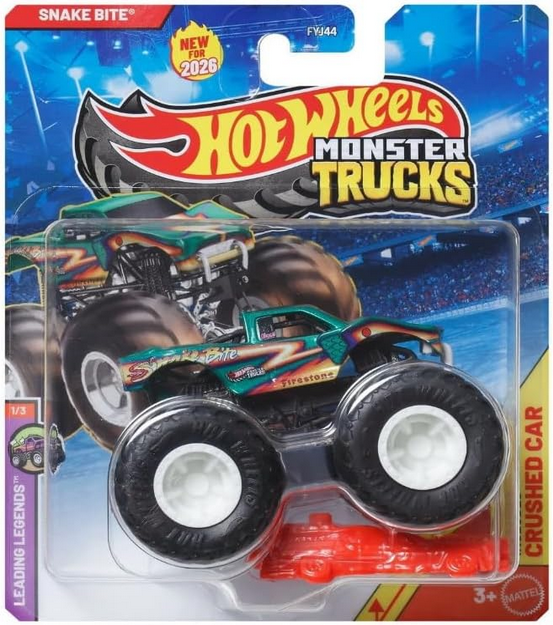 Hot Wheels Monster Trucks Snake Bite, Leading Legends 1/3 [Includes Crushed Car]