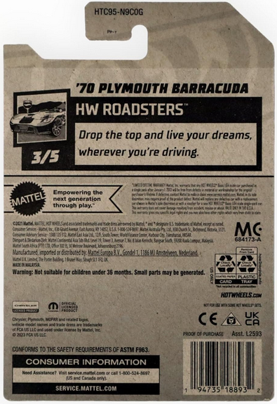 Hot Wheels Red '70 Plymouth Barracuda Red 20/250 HW Roadsters 3/5