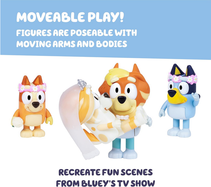 Bluey Wedding Figures Pack of 4, Articulated Character Toys with Uncle Rad, Frisky, and Flower Bingo Figurines, Action Figures for Kids Ages 3+