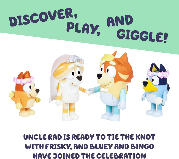 Bluey Wedding Figures Pack of 4, Articulated Character Toys with Uncle Rad, Frisky, and Flower Bingo Figurines, Action Figures for Kids Ages 3+