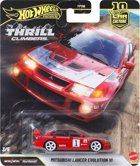 Hot Wheels Car Culture Premium 1:64 Scale Die-Cast Toy Mitsubishi Lancer Evolution VI with Real Riders Tires & Metal/Metal Body & Chassis, Thrill Climbers